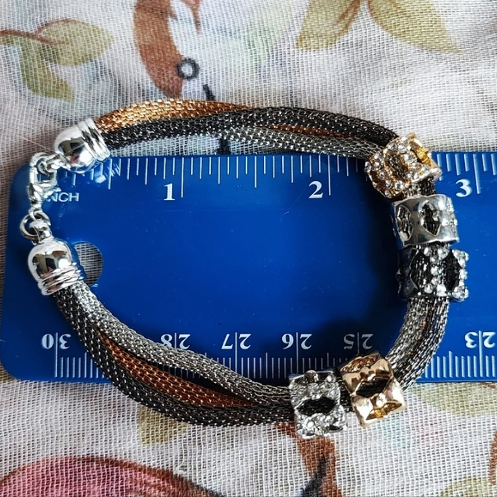 Multi Tri Colored Metal Mesh Tube Rhinestone Bracelet Gold Silver Tone Gunmetal